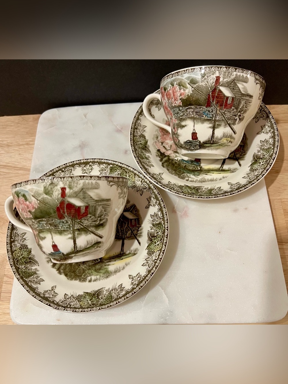 Johnson Bros Friendly Village "The Well" JUMBO Tea Cup Saucer Set of 2, England